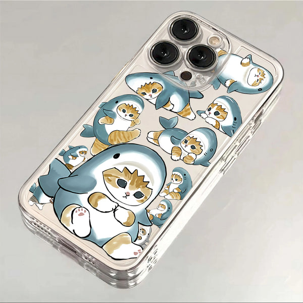 Pastel transparent iPhone case with cute cats, clear back, and camera-safe raised edge.