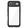 Black clear dual-layer iPhone case showing the translucent back and raised protective frame