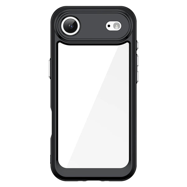 Black clear dual-layer iPhone case showing the translucent back and raised protective frame