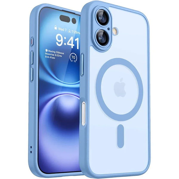 Light blue frosted magnetic case for iPhone 16 showing translucent back and slim fit