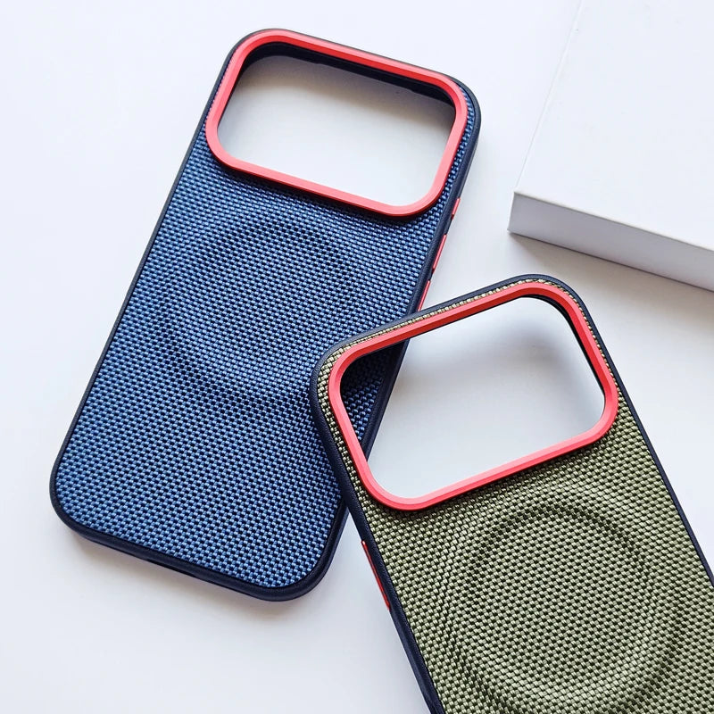Woven leather iPhone 17 case in blue with red camera frame on a clean background