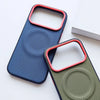 Woven leather iPhone 17 case in blue with red camera frame on a clean background