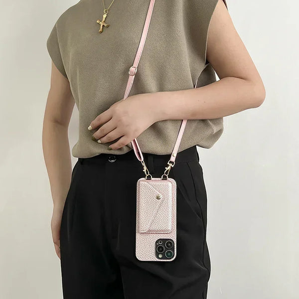 Leather Lanyard Card Holder Case for iPhone with Crossbody Strap