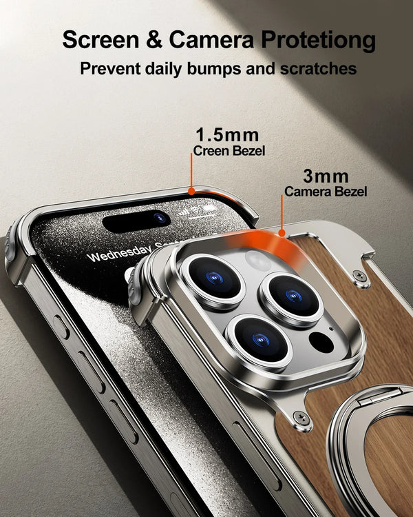 Walnut Wood MagSafe Case For iPhone 15 Pro Max - 360° Ring Stand