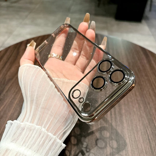 Gold-trim transparent iPhone case showing the reflective plated edge and clear back.