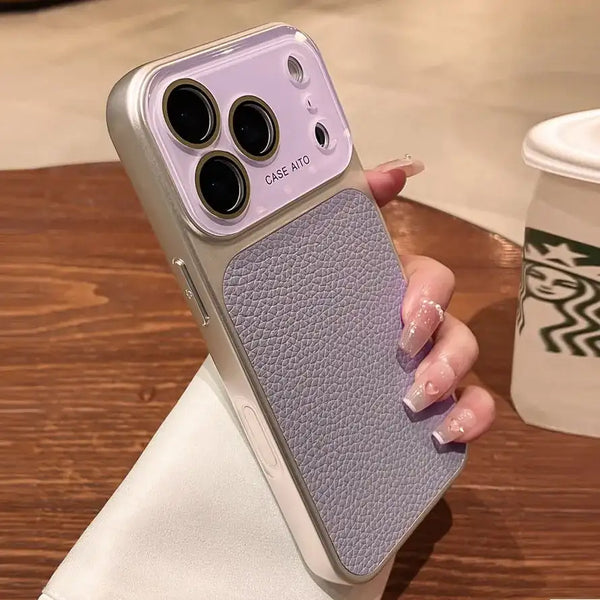 Lavender litchi leather iPhone case with textured back and camera cutouts