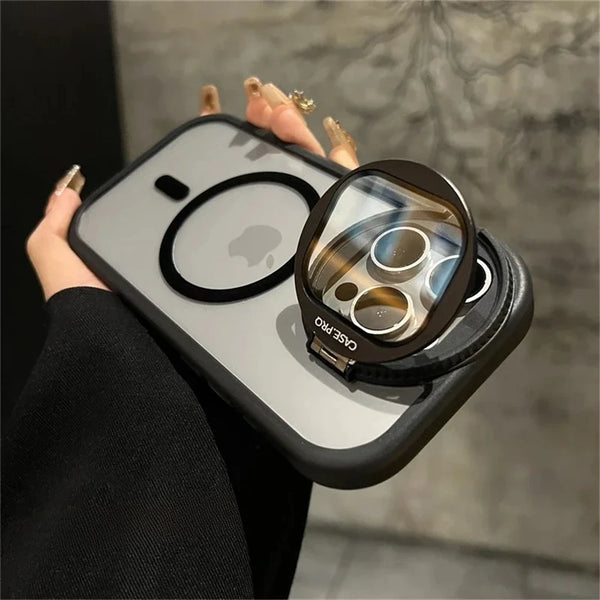 Black transparent iPhone case with flip bracket stand and raised camera protection