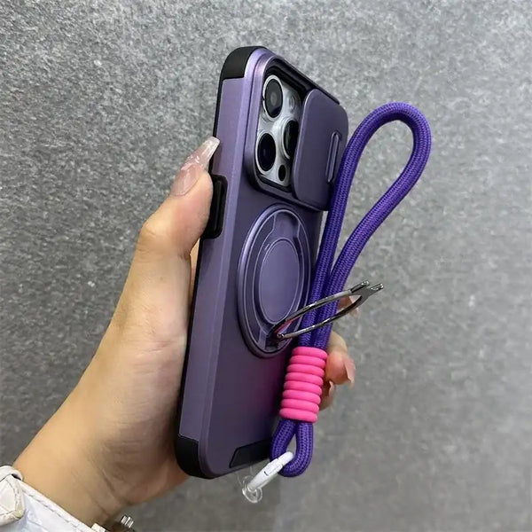 Purple armor iPhone case with magnetic ring stand and camera protection shown in hand