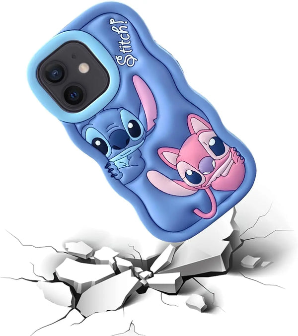 Blue Stitch silicone iPhone case shown in a drop-style impact visual, emphasizing everyday protective feel.
