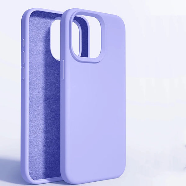 Lavender silicone iPhone 14 case highlighting soft-touch texture and raised lens protection