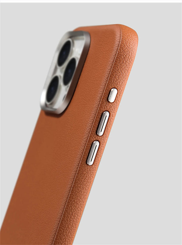 Angled view of the leather-look iPhone case showing side buttons and textured finish