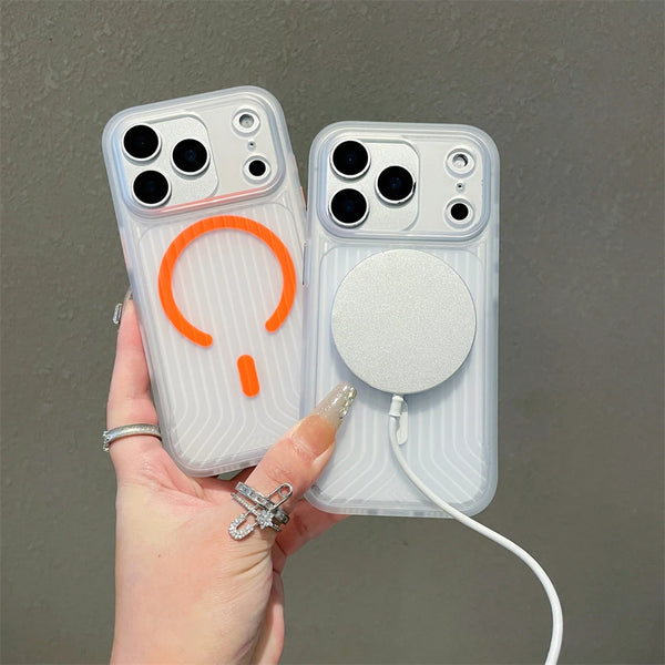 Two translucent frosted iPhone cases showing magnetic circle detail in orange and silver