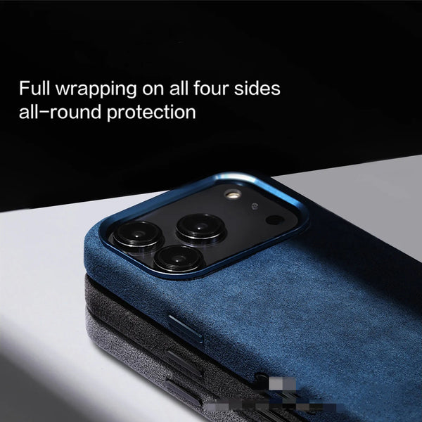 Close view of the case showing wrapped edges, button cutouts, and refined camera opening