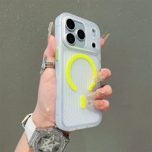 Translucent frosted iPhone case with neon yellow magnetic circle detail in hand