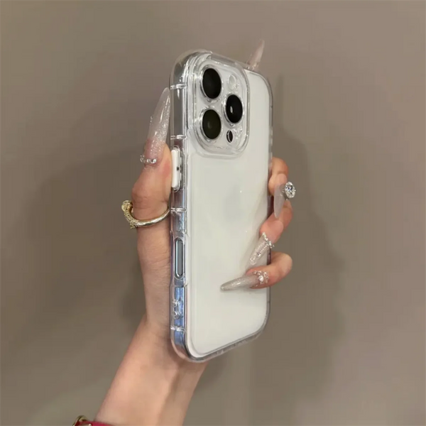 White clear iPhone case held upright to show slim half-wrapped profile