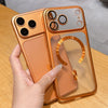 Blue translucent matte iPhone case with magnetic ring detail and slim protective edges.