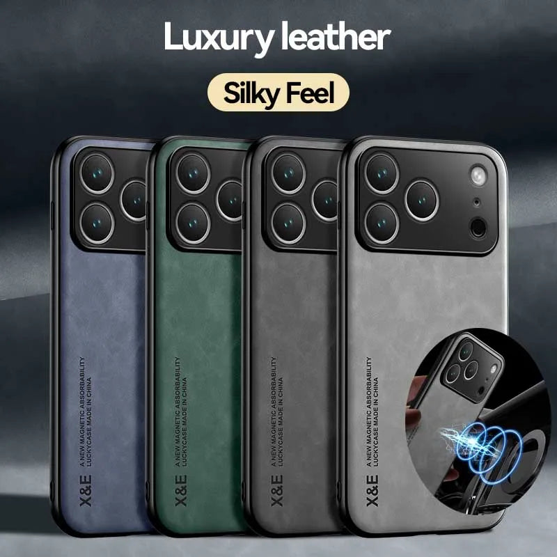 Luxury shockproof leather-look cases for iPhone 17 displayed in multiple finishes