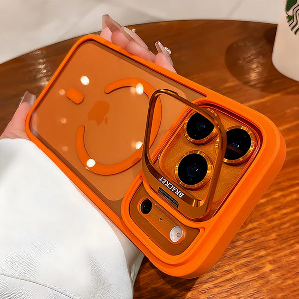 Bright orange translucent MagSafe bracket case viewed from the back on an iPhone