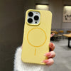 Yellow liquid silicone MagSafe iPhone case showing a soft-touch matte surface