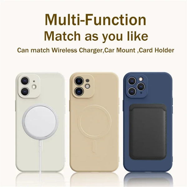 Magnetic silicone iPhone case demonstrating wireless charging compatibility and card holder use.