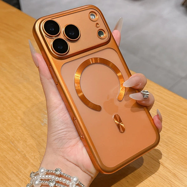 Orange matte translucent iPhone 17 case featuring magnetic alignment and camera coverage.