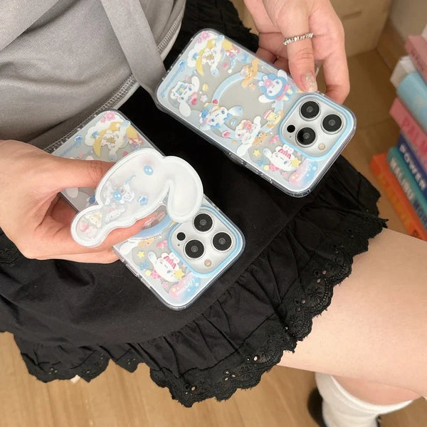 Two views of the Cinnamoroll frosted grip case highlighting the clear finish