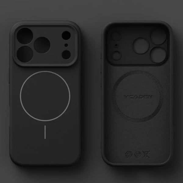 Black matte liquid silicone iPhone case with magnetic circle detail and clean edges