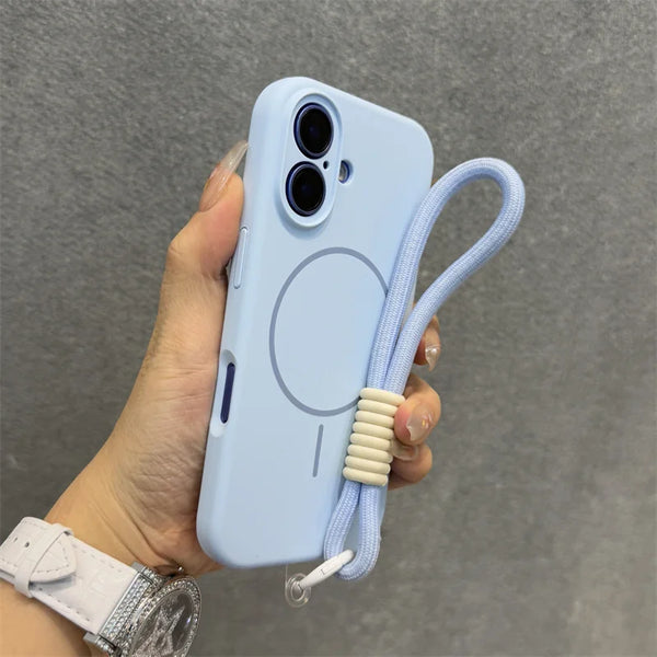 Light blue matte iPhone case with strap and slim profile, held upright.