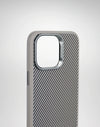 Grey carbon-texture iPhone case showing the back finish and raised camera frame
