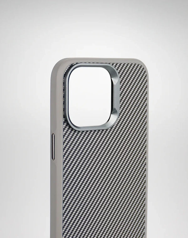 Grey carbon-texture iPhone case showing the back finish and raised camera frame