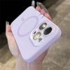 Lavender liquid silicone iPhone case with MagSafe ring detail and soft-touch minimalist finish.