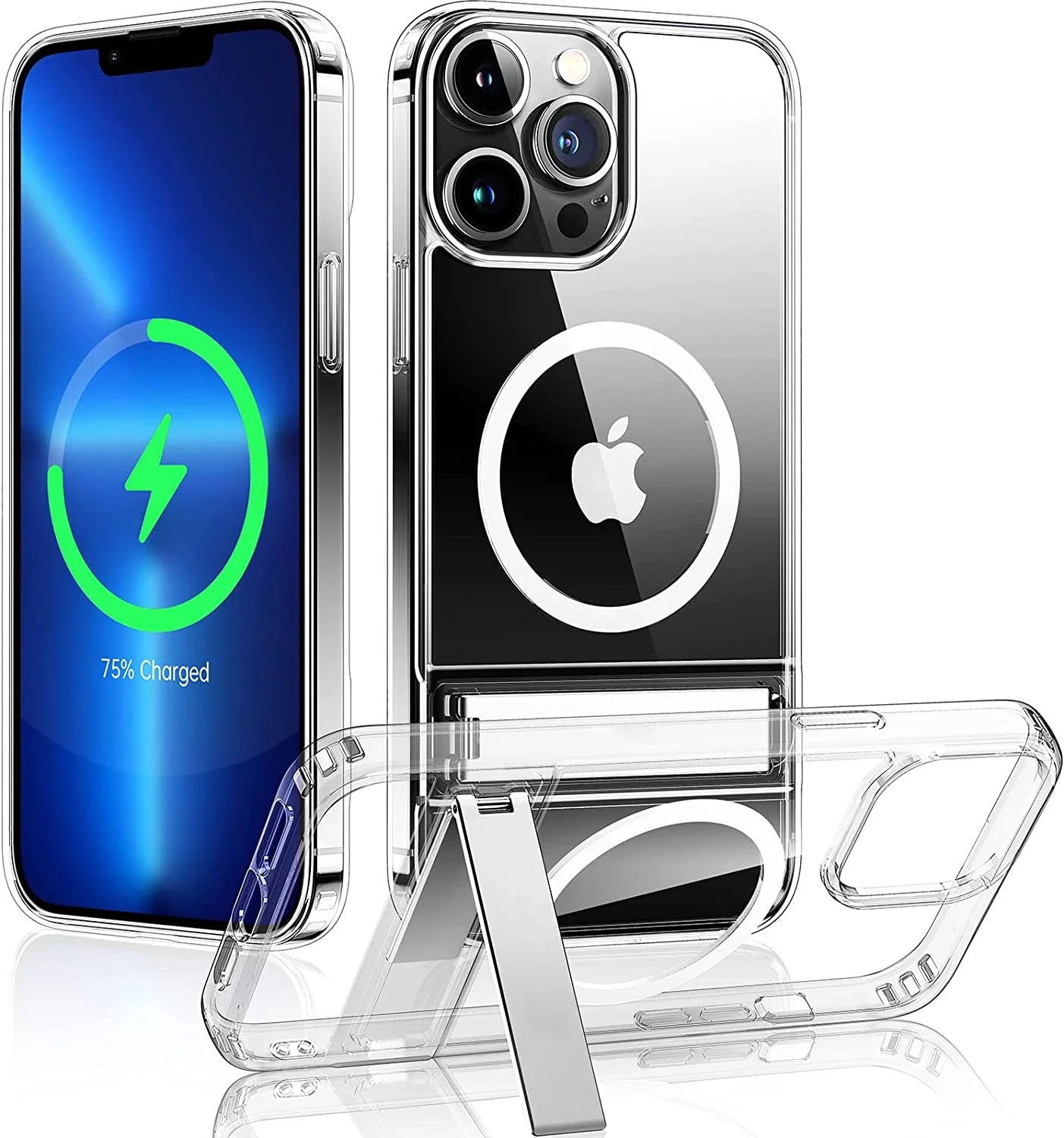 Transparent MagSafe kickstand iPhone case shown on the back and front view