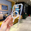 Transparent magnetic iPhone case photographed at an angle to show slim full coverage