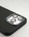 Black carbon-texture iPhone case with slim half-wrapped design and camera protection