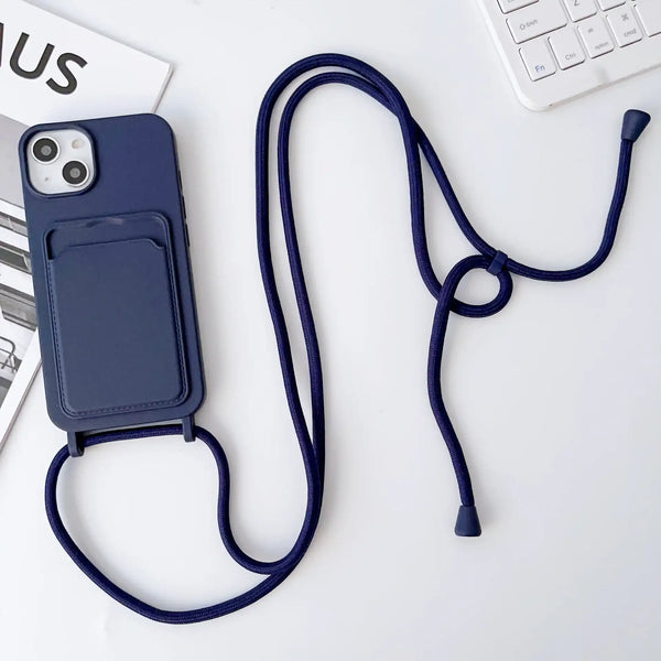 Deep navy iPhone case with crossbody strap and minimal back card holder design.