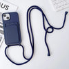 Deep navy iPhone case with crossbody strap and minimal back card holder design.