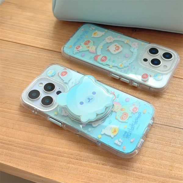 Clear bear phone case with stand opened on a wooden surface for hands-free viewing