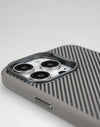 Camera module detail on the carbon-texture iPhone case with protective frame