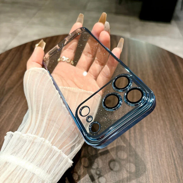 Blue-trim transparent iPhone case with sparkling finish and precise camera cutouts.