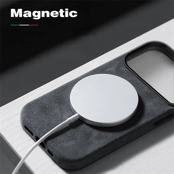 Premium Dark Grey Leather Magnetic Charging Case - detail close-up