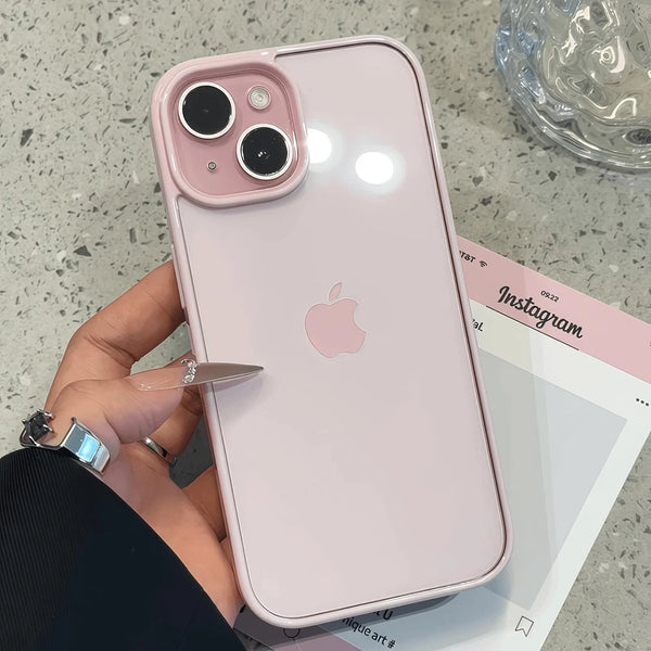 Pink iPhone case showing the clear shell and soft pastel bumper detail