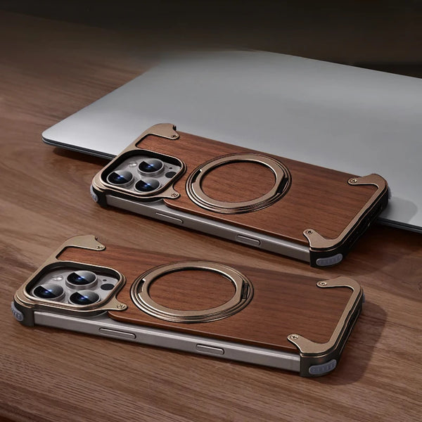 Walnut Wood MagSafe Case For iPhone 15 Pro Max - 360° Ring Stand