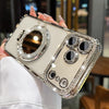 Silver diamond mirror iPhone case displaying the magnetic stand from the back