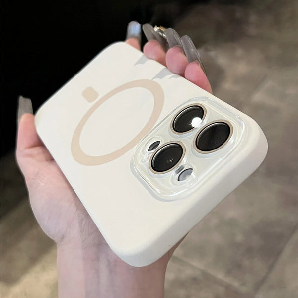 White liquid silicone MagSafe iPhone case with raised camera protection and visible MagSafe ring.