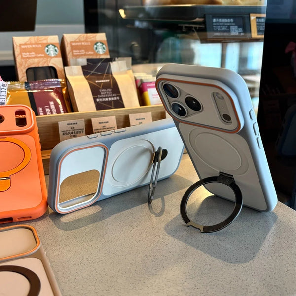Trendora MagSafe compatible iPhone case shown upright with metal ring holder in retail display