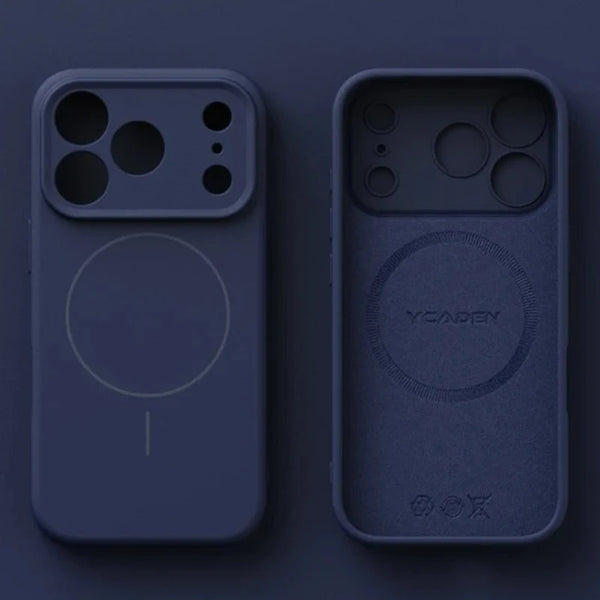 Deep navy matte silicone iPhone case with magnetic alignment circle on the back