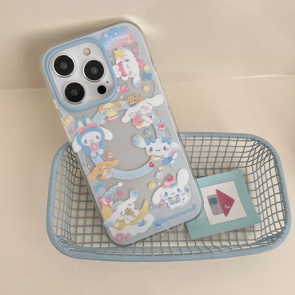 Cinnamoroll frosted iPhone case displayed on a tray showing the dreamy clear design