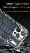 Blue snake-texture iPhone case showing the polished frame and camera-safe cutout