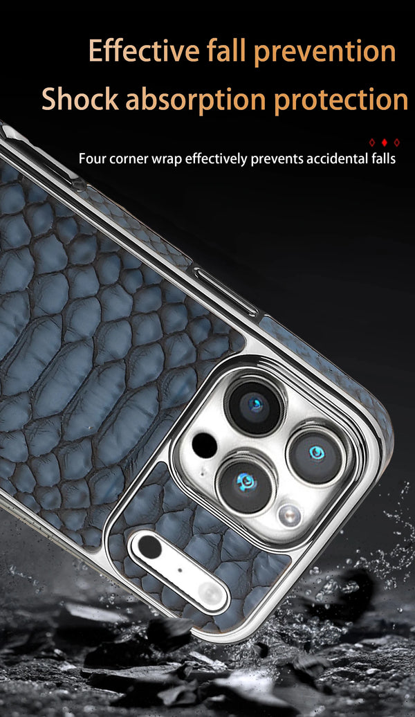 Blue snake-texture iPhone case showing the polished frame and camera-safe cutout