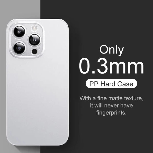 Frosted gray slim matte iPhone case showing the ultra-thin 0.3mm profile